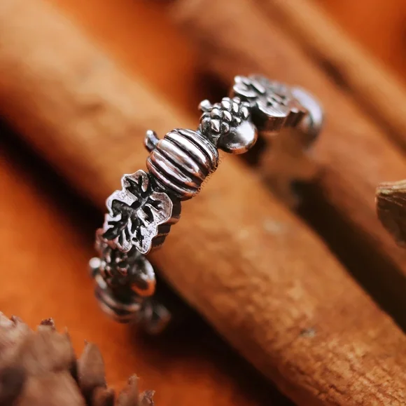 Dixi Autumn Is Calling Pumpkin & Acorn Boho Wreath Ring Sterling Silver - Picture 6 of 12